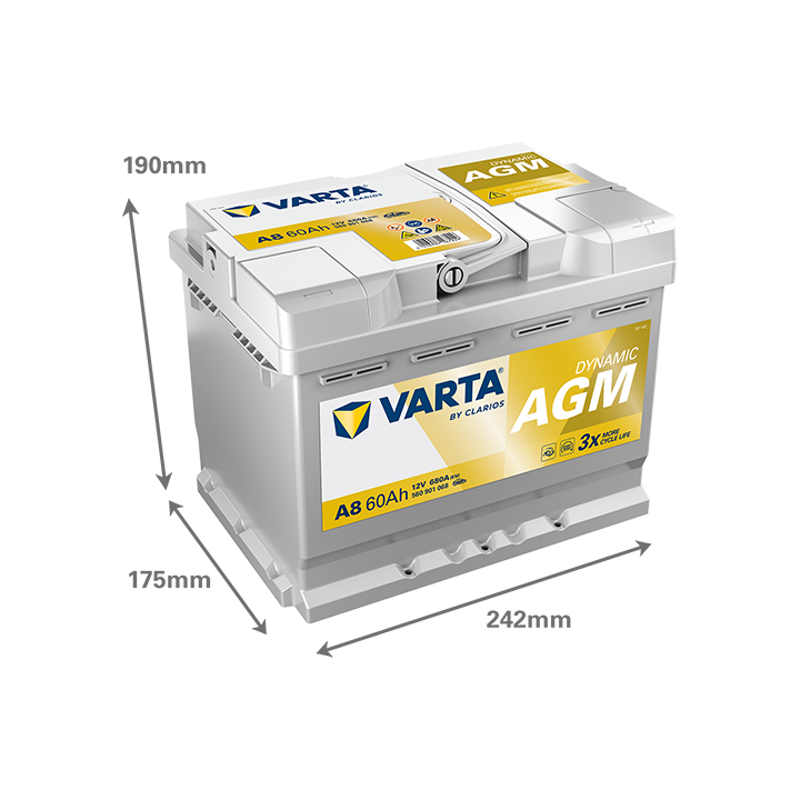 Start-Stop battery 60Ah 12V 680A Varta A8 | telebaterias.com