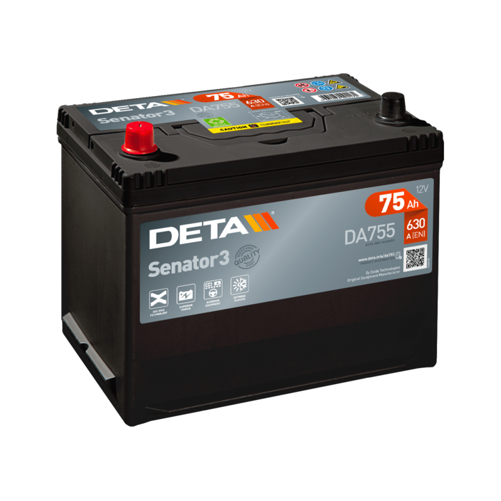 Batería de coche 75Ah 12V 630A Deta DA755 | telebaterias.com
