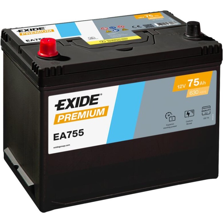Car battery 75Ah 12V 630A Exide EA755 | telebaterias.com