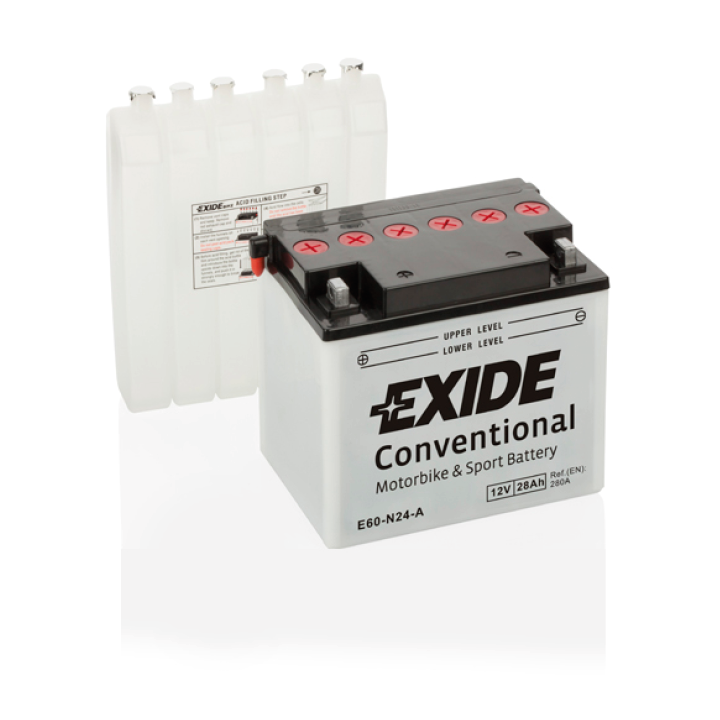 Motorradbatterie 28Ah 12V 280A Exide E60-N24-A | telebaterias.com