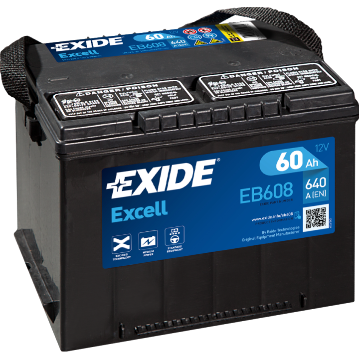 Bateria de carro 60Ah 12V 640A Exide EB608 | telebaterias.com