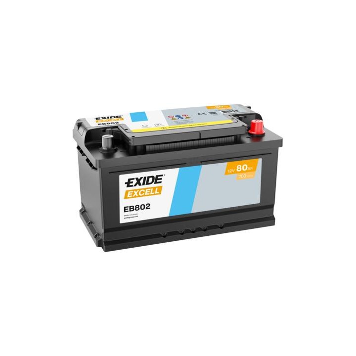 Car battery 80Ah 12V 700A Exide EB802 | telebaterias.com