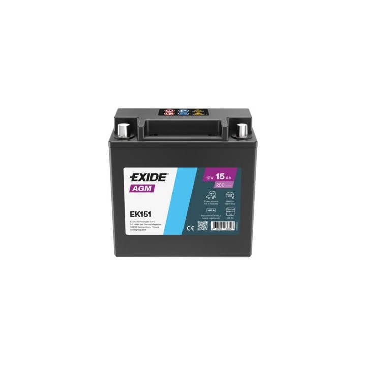 Batería auxiliar 15Ah 12V 200A Exide EK151 | telebaterias.com
