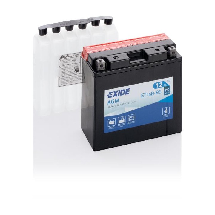 Motorcycle battery 12Ah 12V 190A Exide ET14B-BS | telebaterias.com