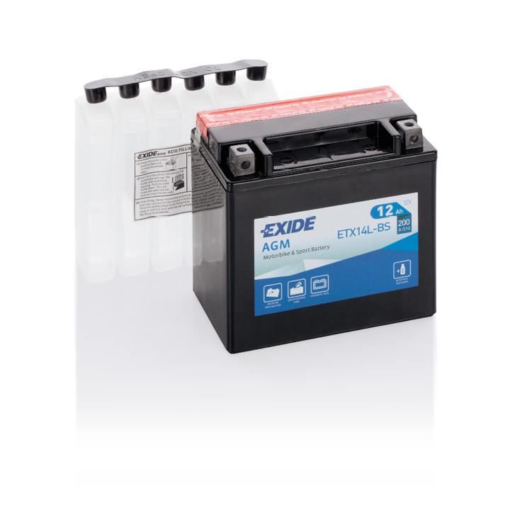 Motorcycle battery 12Ah 12V 200A Exide ETX14L-BS | telebaterias.com